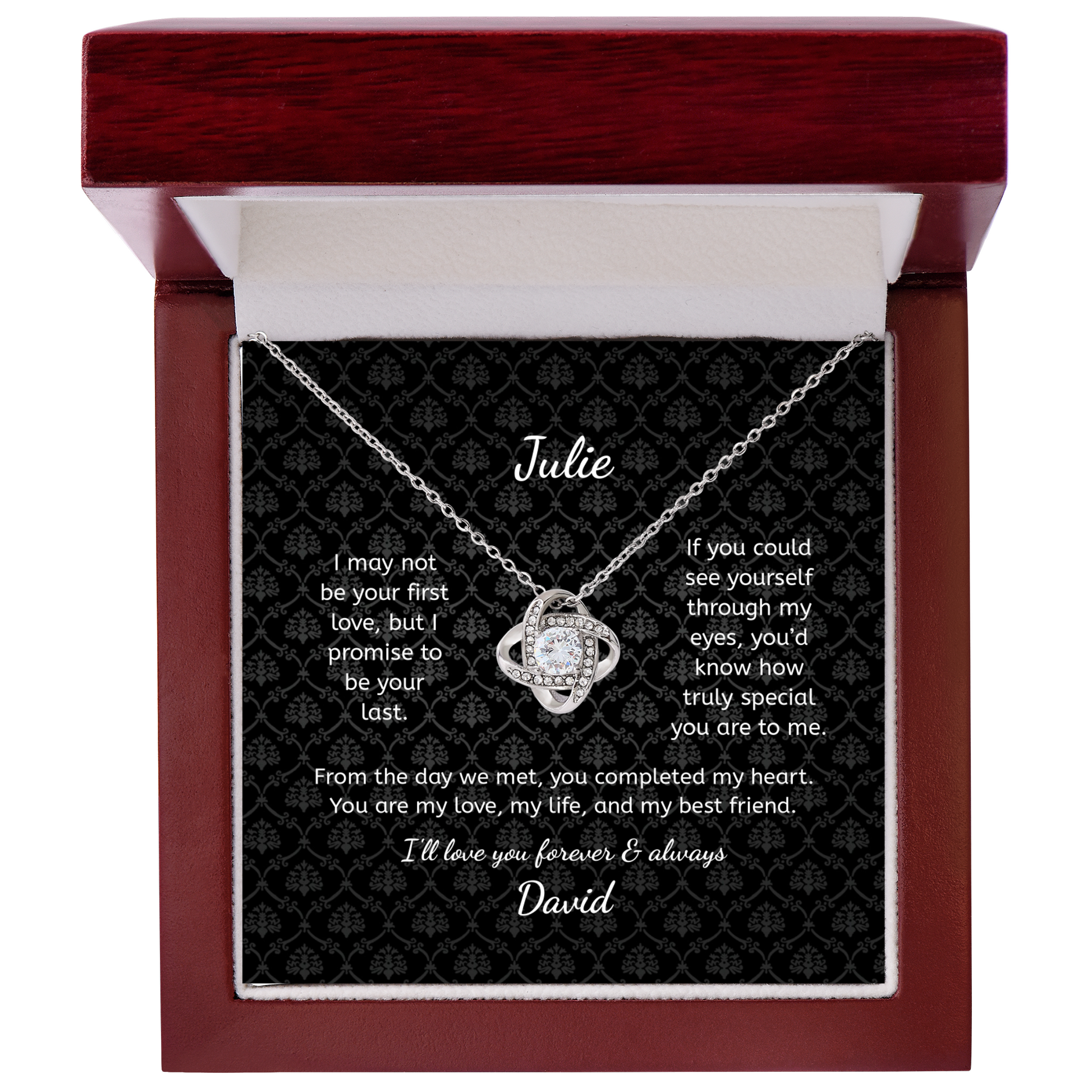 Necklace in a jewelry box with a sentimental message
