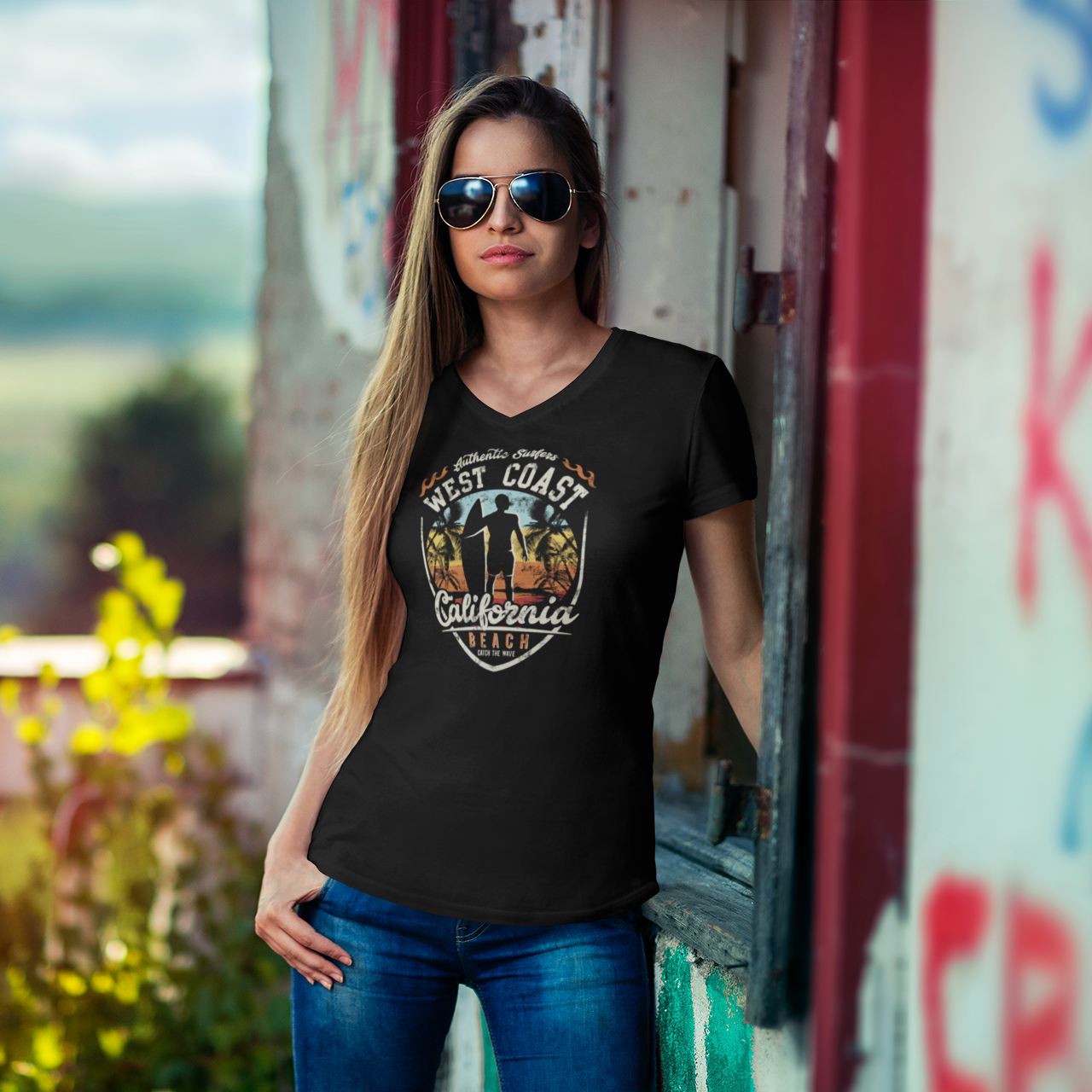 West Coast California Surfer Ladies T-Shirt