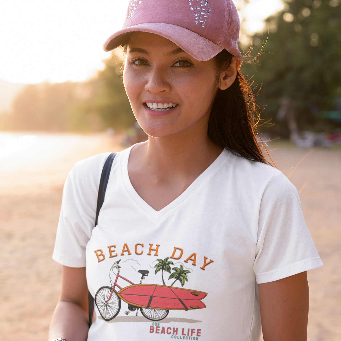 Beach Day Bicycle Surfboard Ladies T-Shirt