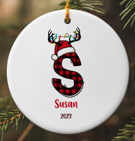 Personalized Plaid Reindeer Ornament
