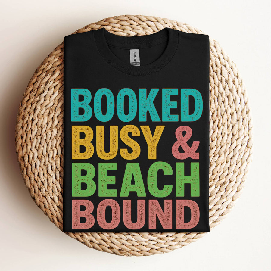 Booked Busy and Beach Bound funny travel t-shirt gift