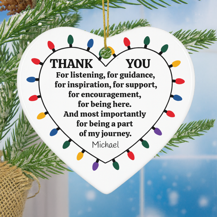 Personalized thank you gift ornament with heart and holiday lights